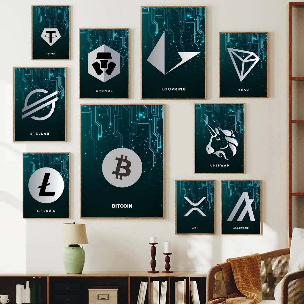 Tech Office Wall Decor - โปสเตอร์ลายวงจรเทคโนโลยี สัญลักษณ์คริปโต โลโก้เหรียญดิจิทัล ลายพิมพ์เรขาคณิต งานศิลปะติดผนังแบบไม่มีกรอบ สำหรับสำนักงาน