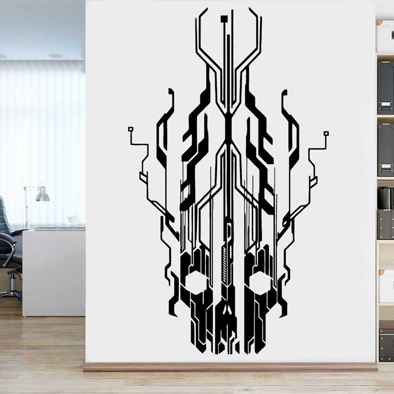 Tech Office Wall Decor - ชิปวงจร Tech Skull ไวนิลสติ๊กเกอร์ติดผนังสำนักงานธุรกิจบ้านเด็กห้องเด็กเล่น Study Internet