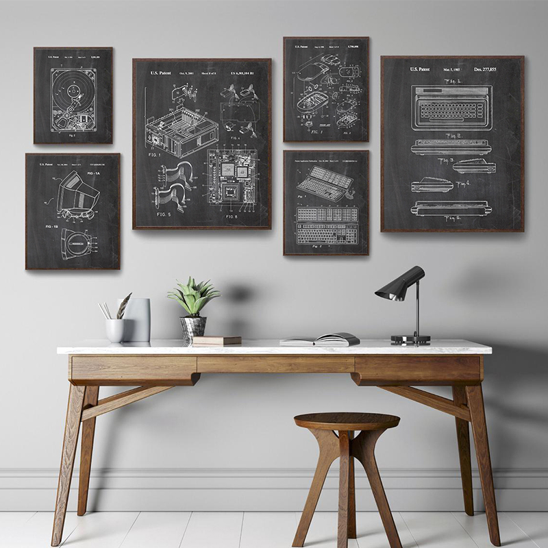 Tech Office Wall Decor - ชุดภาพศิลปะติดผนังลายสิทธิบัตรคอมพิวเตอร์สไตล์วินเทจ 6 ชิ้น ภาพพิมพ์แบบแปลนเทคโนโลยีสำหรับตกแต่งสำนักงานและห้องเกมเมอร์