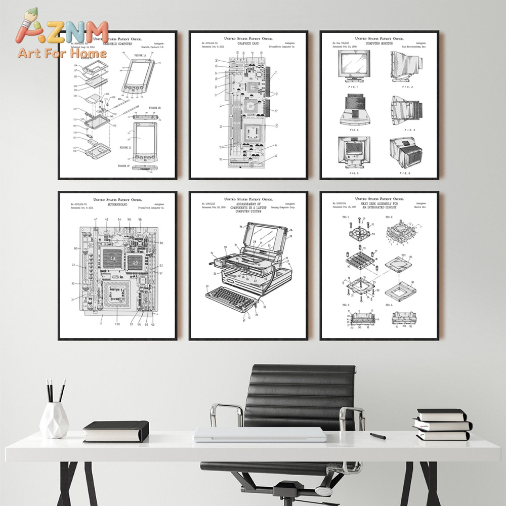 Tech Office Wall Decor - AZNM เมนบอร์ดคอมพิวเตอร์ ภาพวาดบนผ้าใบ ลายแผนผังเทคโนโลยี ภาพพิมพ์ติดผนัง ศิลปะตกแต่งสำนักงาน