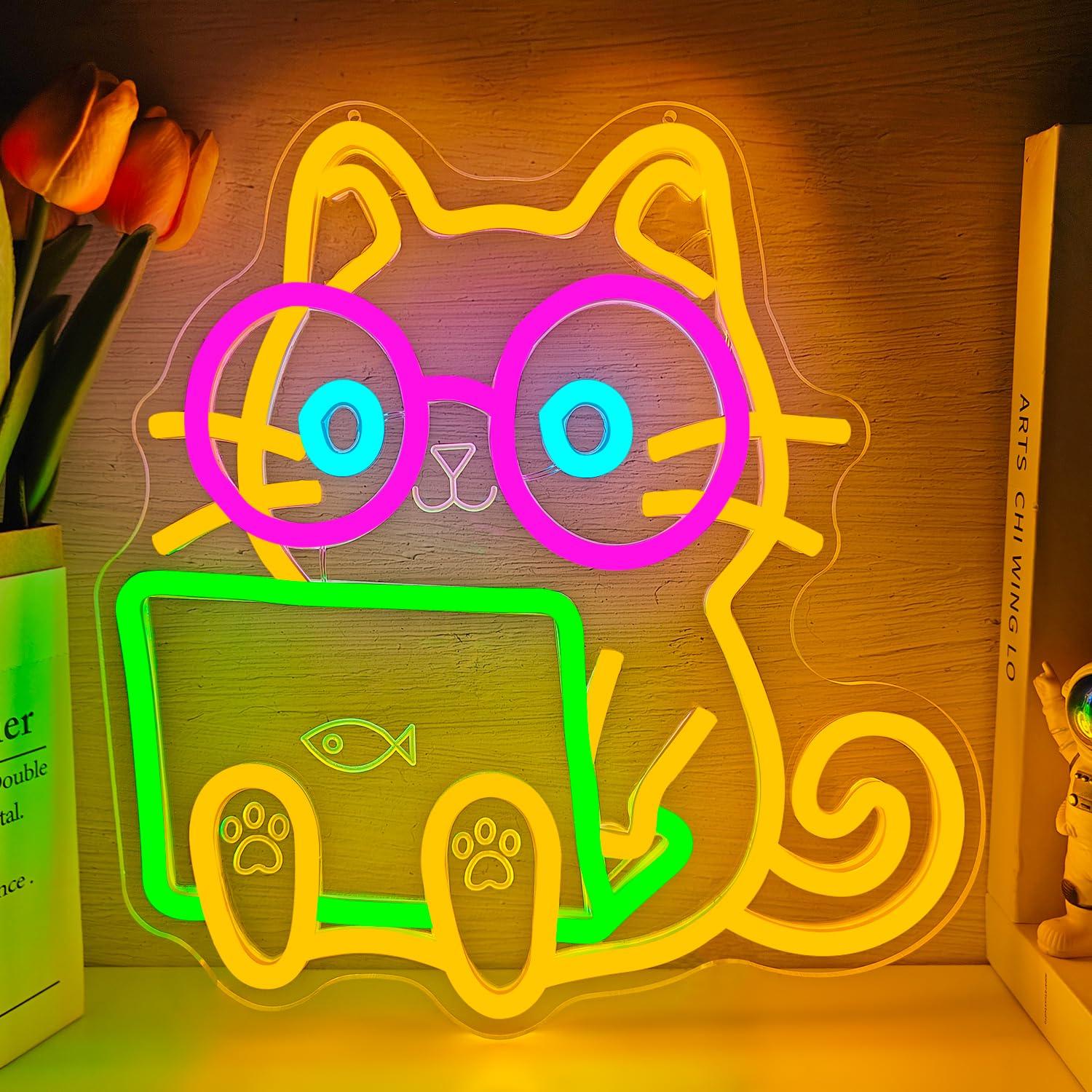 Tech Office Wall Decor - ป้ายไฟนีออนรูปแมวสำหรับแล็ปท็อป ไฟ LED ปรับความสว่างได้ผ่านพอร์ต USB เหมาะสำหรับร้านอินเทอร์เน็ต