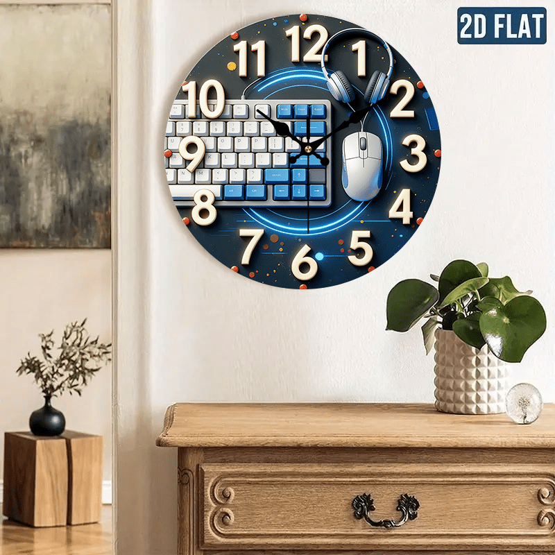 Tech Office Wall Decor - นาฬิกาแขวนผนังไม้สไตล์เทค 2D แบบแบน 1 ชิ้น, ของตกแต่งโต๊ะที่จำเป็น,